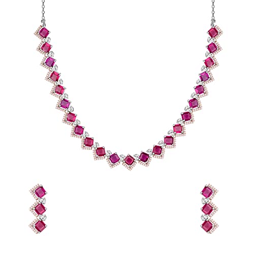 Silver necklace with dark pink jewels